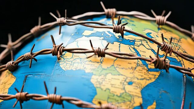 Globe encircled by barbed wire, symbolizing global issues and conflicts.