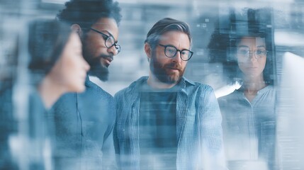 Diverse business team brainstorming in high-tech digital office, screen UI overlay