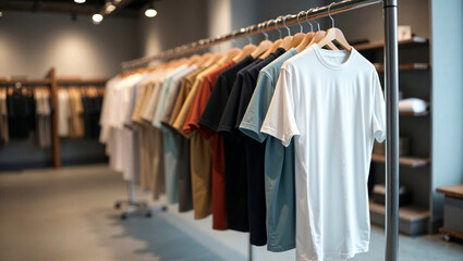 Organized Row of Hanging T-Shirts in Minimal Modern Clothing Store Interior Setting