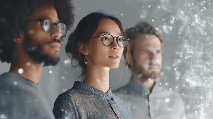 Diverse business team brainstorming in high-tech digital office, screen UI overlay