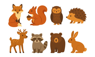 Fototapeta premium Cute woodland animals illustration with fox, squirrel, owl, hedgehog, deer, raccoon, bear, rabbit
