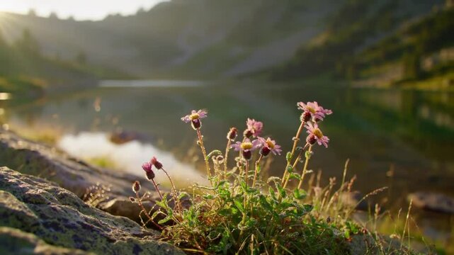 Pink Alpine Flowers By A Serene Mountain Lake At Sunrise
