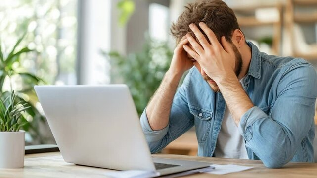 A stressed individual sits dejectedly at a desk with a laptop, the weight of the situation evident. He is in the middle of a problem or is feeling down and helpless, perhaps in deep thought.