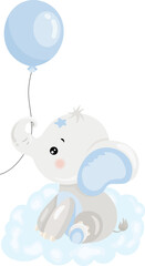 Cute Baby Elephant Sitting on Clouds with Balloon