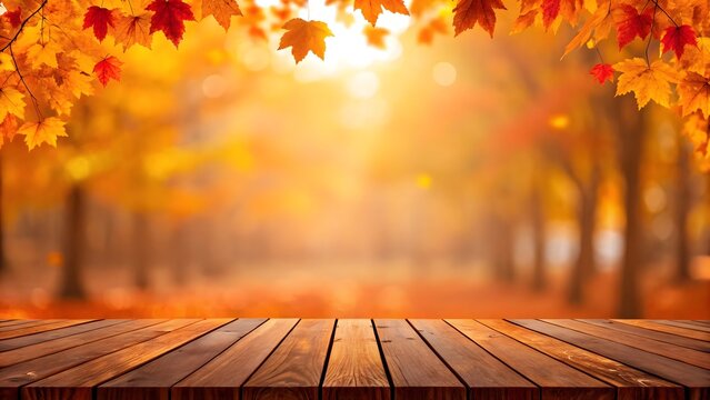 Warm autumn forest scene with wooden plank foreground and falling leaves - Powered by Adobe