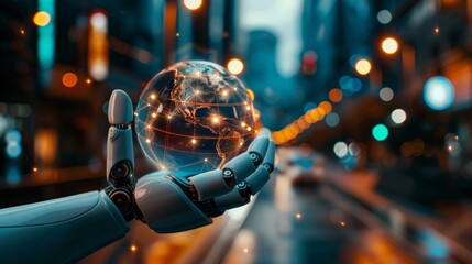 Humanoid robot ai agent with earth globe representing autonomy and sustainability in climate action