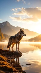 A playful dog stands at the water's edge of a serene lake, its fur glistening in the sunlight, with gentle ripples reflecting the clear blue sky.