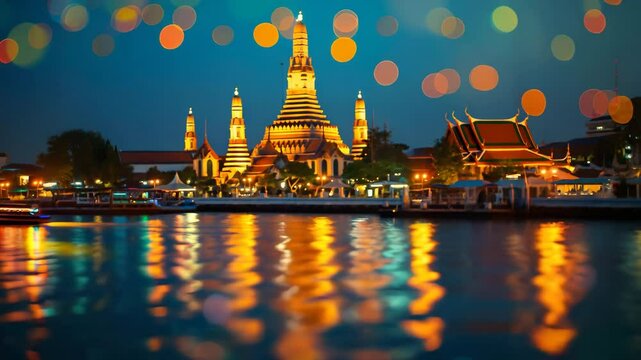 A tranquil scene of a majestic temple gracefully reflects in the calm waters, bathed in the soft glow of twilight, inviting a sense of serenity.