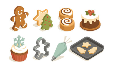 Festive holiday cookies and baking tools illustration with gingerbread and cupcake
