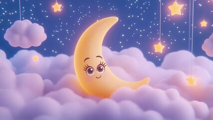 A charming crescent moon with a friendly expression gently drifts amidst fluffy clouds and twinkling stars in a whimsical dreamscape.
