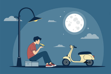 Vector art depicting a young man consuming fast food at night, illuminated by a streetlight.