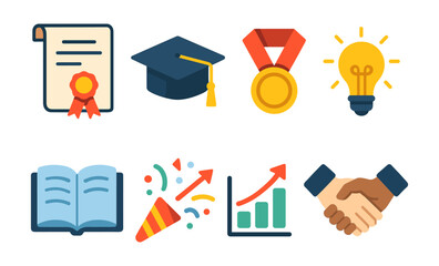 Education icons: certificate, graduation cap, medal, light bulb, book, celebration, growth, handshake