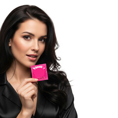 Sexy seductive Caucasian brunette woman holding pink condom wrapper, isolated on white transparent background Generative Ai.
