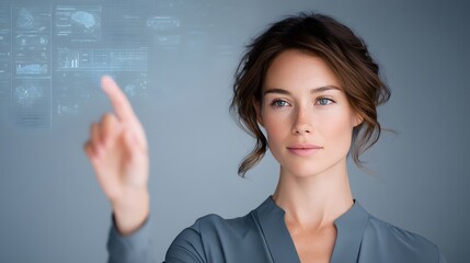 Businesswoman analyzing data on transparent holographic interface