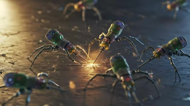 Robotic spiders welding on a dark surface, sparks flying in a futuristic workshop setting