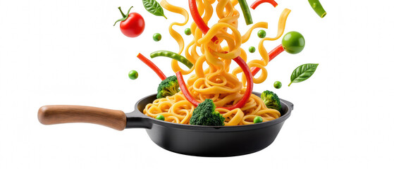 Delicious pasta dish with vibrant vegetables, showcasing mix of broccoli, bell peppers, and peas, creating colorful culinary experience