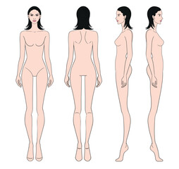 Fototapeta premium Colored fashion croquis figurines front side back view with short hair woman in vector.