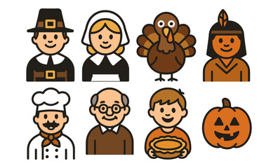 Fototapeta premium Thanksgiving icons: pilgrim, turkey, native american, pumpkin, cook, elder, child