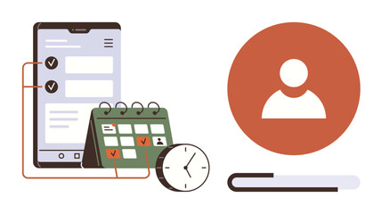 Mobile phone with to-do list, calendar with marked dates, clock, and user profile icon representing time management, productivity, planning, and scheduling. Ideal for organization, workflow