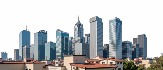 Modern city skyline with tall buildings, urban architecture, and clear blue sky. scene conveys sense of progress and innovation