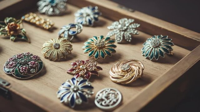 Vintage brooches in a wooden box, vintage jewelry, accessories, beauty, style and fashion concept.