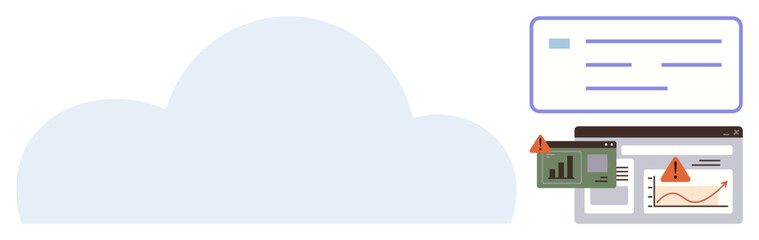 Large cloud element with charts, analytics tools, and warning signs highlighting data breaches or system errors. Ideal for cybersecurity, technology, risk management, data storage, analytics, error