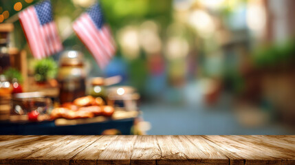 Wooden Table in World Habitat Day Outdoor Scene Background with Barbecue and American Flag Bunting