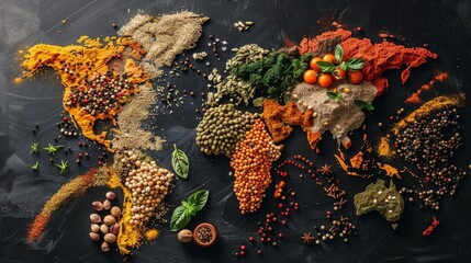 A global culinary journey  herbs, spices, and seeds forming a world map of flavorful diversity