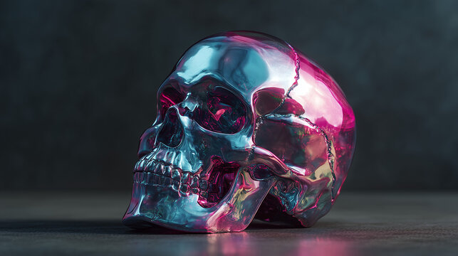 Futuristic chrome skull bust sculpture in pink and purple tones, glowing metallic texture, cyberpunk aesthetic, modern art concept with sci fi atmosphere and surreal design. - Powered by Adobe