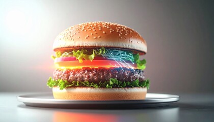 Conceptual image of a hamburger infused with digital circuit elements, representing the intersection of food and technology, AI, or the future of data in daily life.