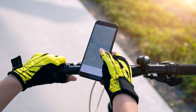 Using a smartphone for navigation while cycling outdoors on a sunny day. A person wears yellow cycling gloves and checks a map app for directions. This image captures the modern integration of techno