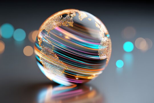 A glowing glass globe with vibrant light streaks, representing global connectivity and technology on a blurred background. - Powered by Adobe