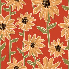 Hand drawn sunflower seamless pattern. Cute autumn floral repeat background in yellow and red colors, fall wallpaper. Summer vector botanical design, textile, fabric, print. Harvest garden wrap paper.