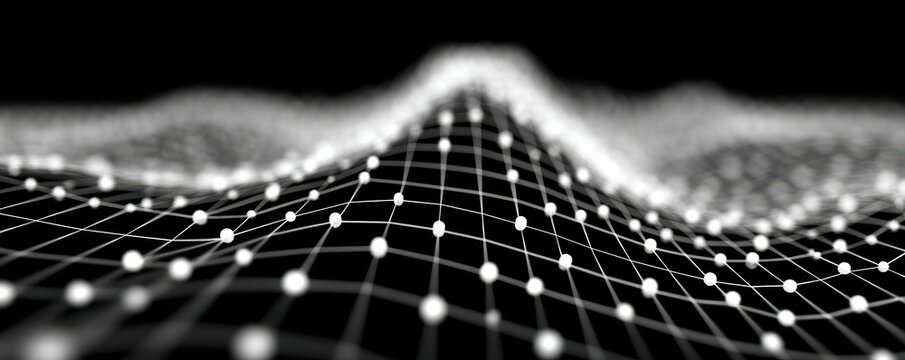 A digital mesh of interconnected points forms a wave-like 3D grid against a black background.