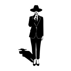 Minimalist black and white illustration of a mysterious person in a suit making a shushing gesture