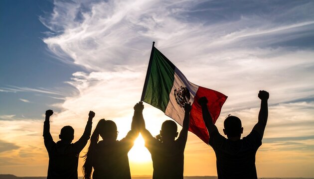 Silhouettes of a group celebrating with the Mexican flag against a dramatic sunset sky. This image evokes strong feelings of national pride, unity, victory, and hope for Mexico's future.