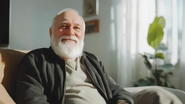 A cheerful older man enjoying a quiet moment at home.