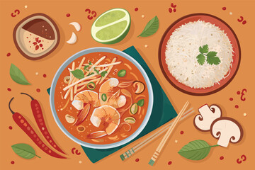 Overhead vector illustration of a vibrant Thai Tom Yum soup dish.