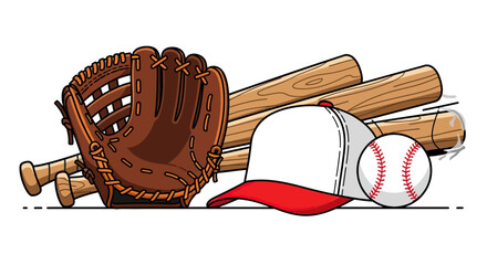 Baseball Glove Red White Cap Wooden Bats and Ball on White Background
