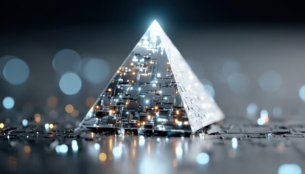 A crystal pyramid with embedded circuitry glows on a reflective surface, surrounded by futuristic bokeh lights.