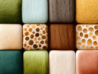A grid of colorful textured squares displaying various patterns, including dots, fur, and fabric-like surfaces in earthy tones.