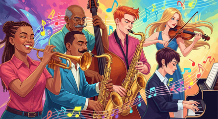 Diverse Group Playing Colorful Jazz Instruments in Vibrant Music Setting
