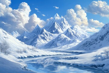 Obraz premium A winter landscape with snow-covered mountains and a frozen river.