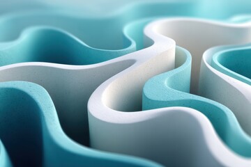Smooth, layered abstract shapes in blue and white tones create a wavy, fluid design reminiscent of topographic or water-inspired art.