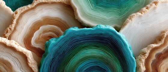 Colorful cross-sections of agate stones displaying layered patterns in turquoise, brown, and cream tones.
