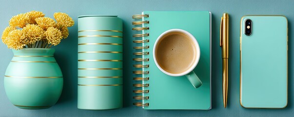 Turquoise desk setup with a notebook, coffee, pen, phone, tumbler, and yellow flowers in a vase, creating a stylish and organized workspace.