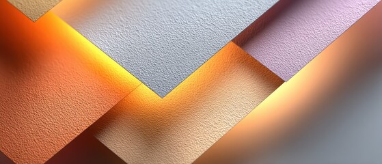 Abstract textured paper layers overlap, illuminated by soft orange and yellow lighting for a modern, artistic effect.