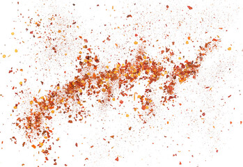 Spicy chili red pepper flakes, chopped, milled dry paprika pile flying isolated on white, clipping...