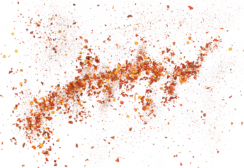 Spicy chili red pepper flakes, chopped, milled dry paprika pile flying isolated on white, clipping path