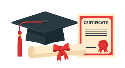 Black Graduation Cap with Red Tassel Rolled Diploma and Certificate on White Background
